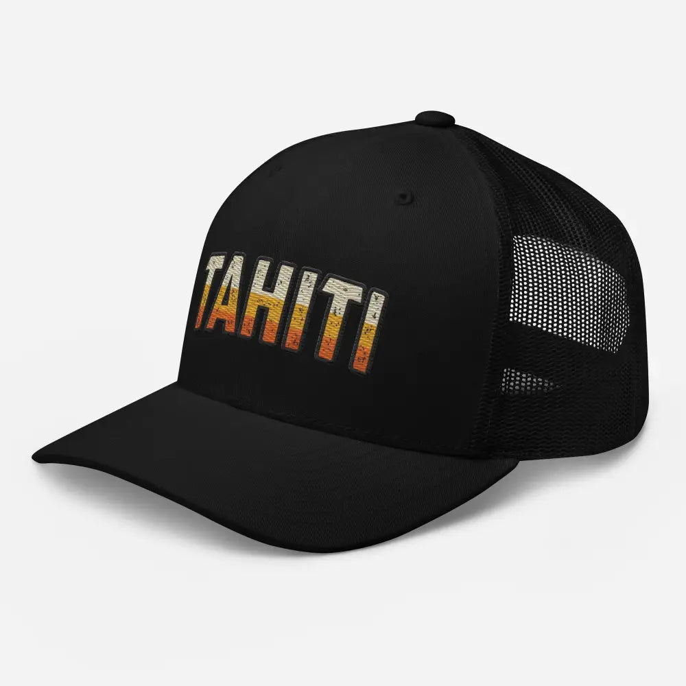 Black Tahiti trucker hat with distressed orange and yellow Tahiti embroidery for summer style