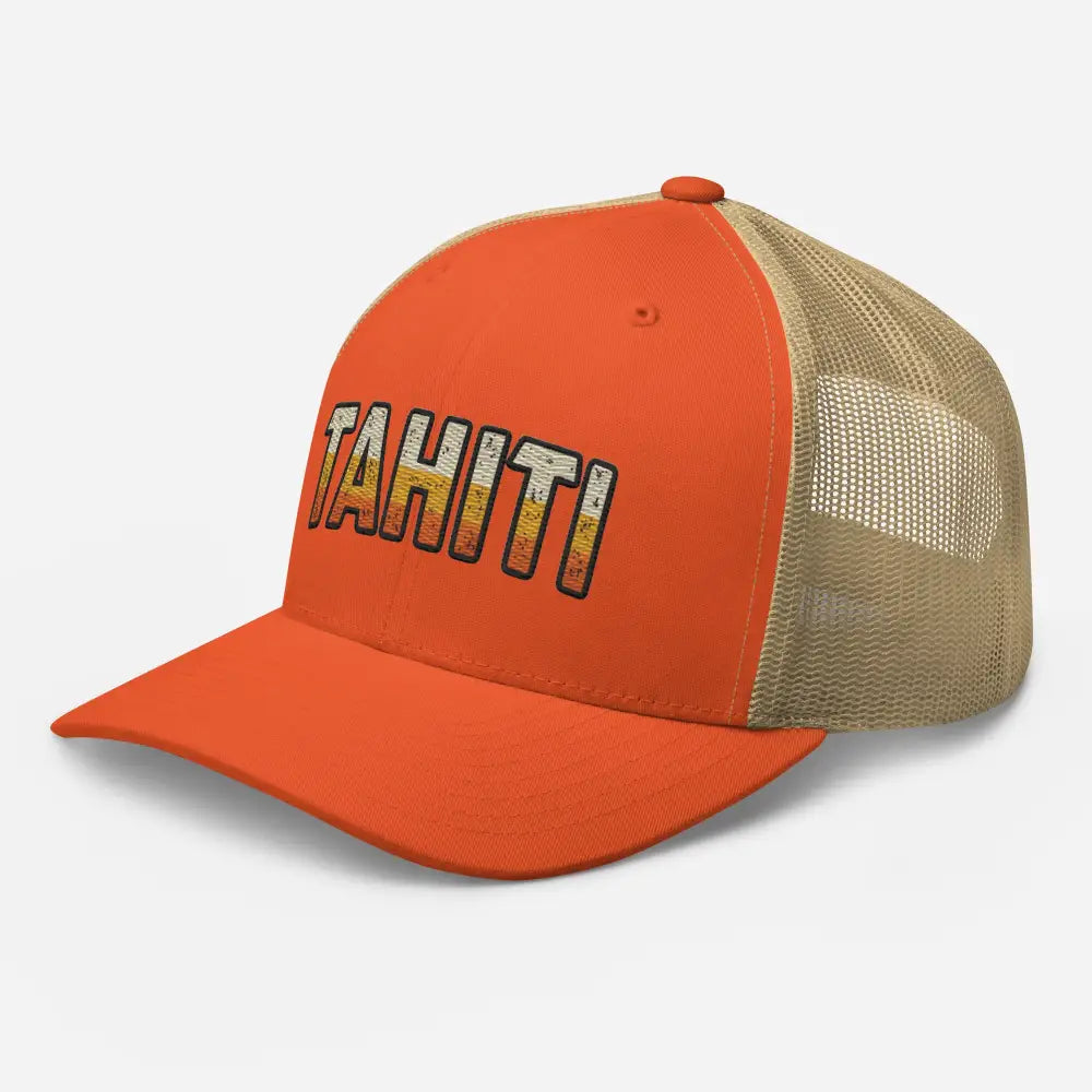 Orange and tan mesh tahiti trucker hat with retro sunset embroidery, summer surf style
