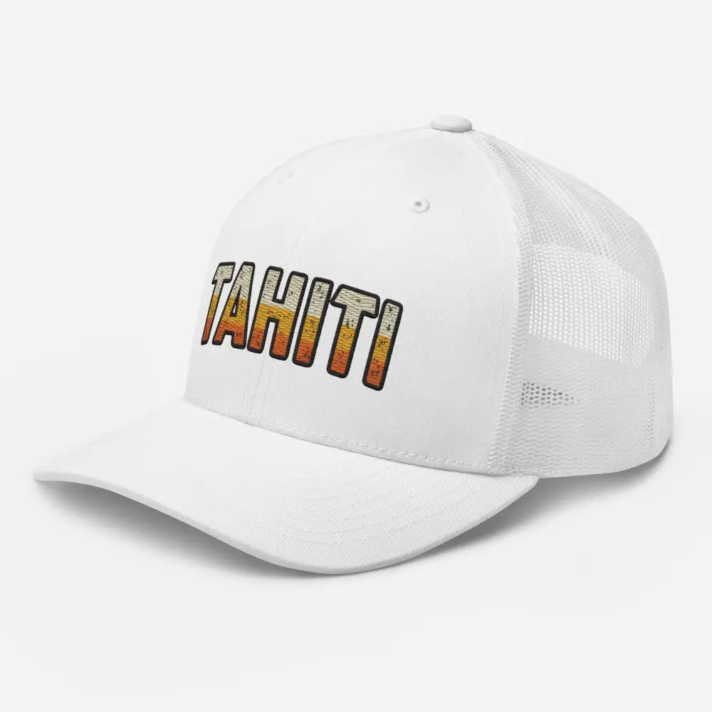 White tahiti trucker hat with distressed orange and yellow Tahiti lettering, summer style