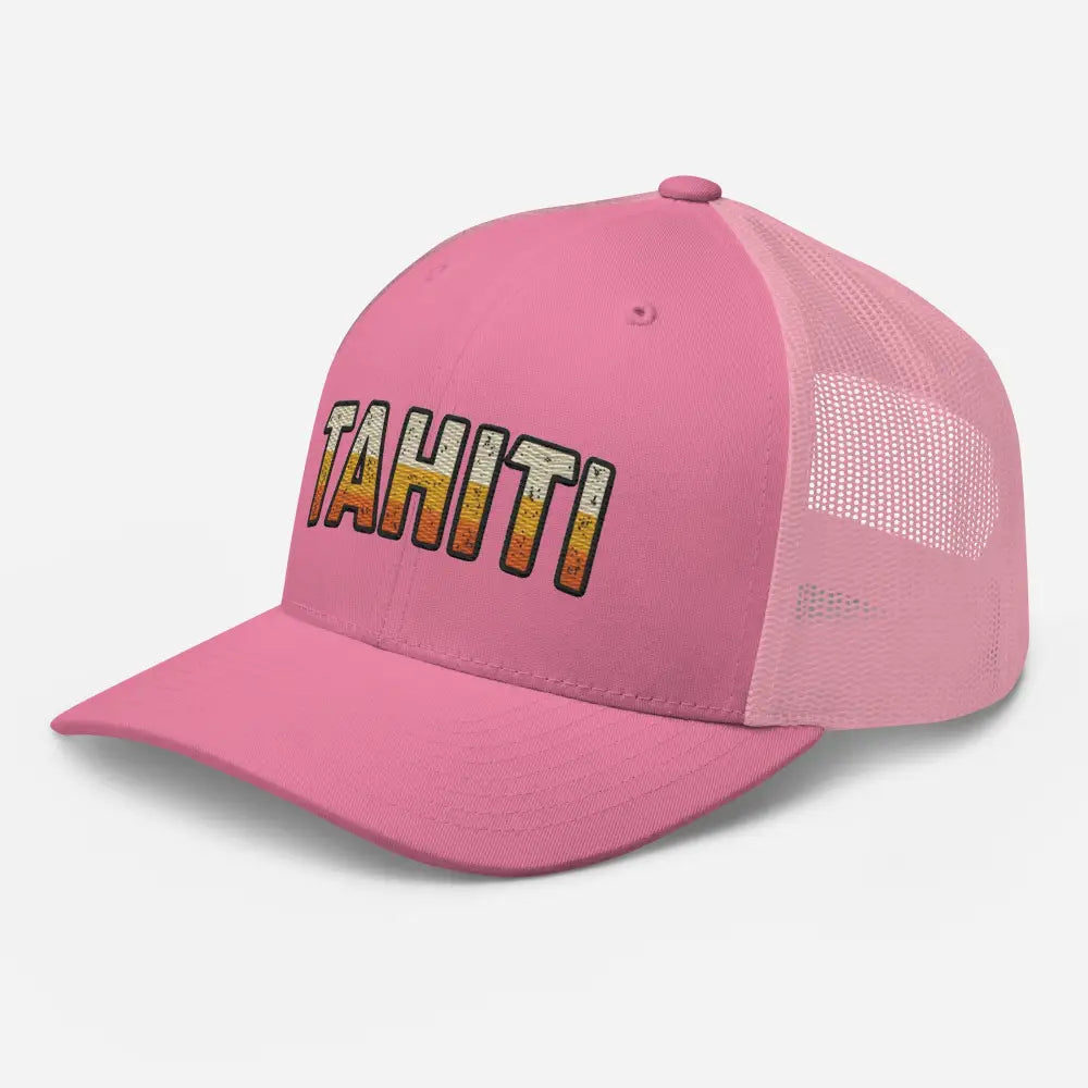 Pink tahiti trucker hat with distressed yellow and orange Tahiti lettering for summer style