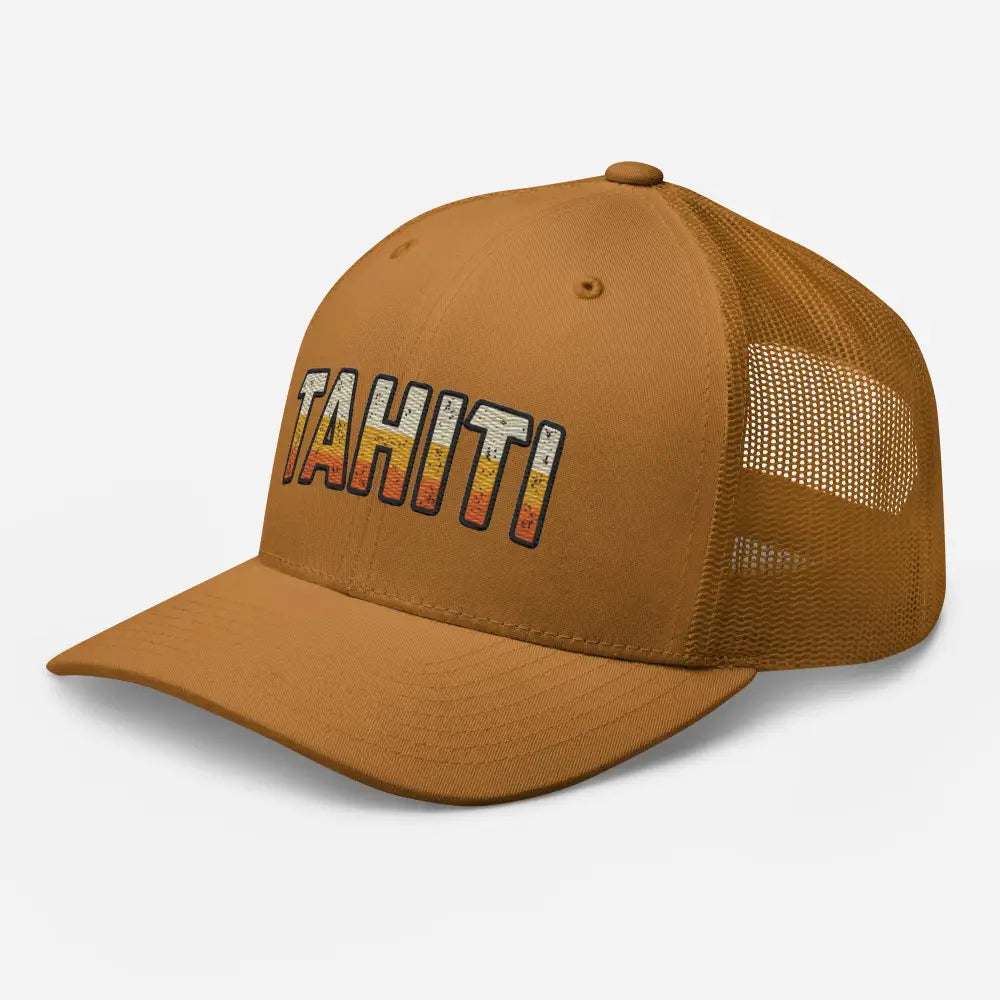 Brown Tahiti trucker hat with retro Tahiti font and sunset gradient embroidery