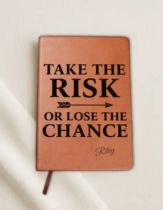 Brown leather risk journal with ribbon bookmark for bold decision making and journaling