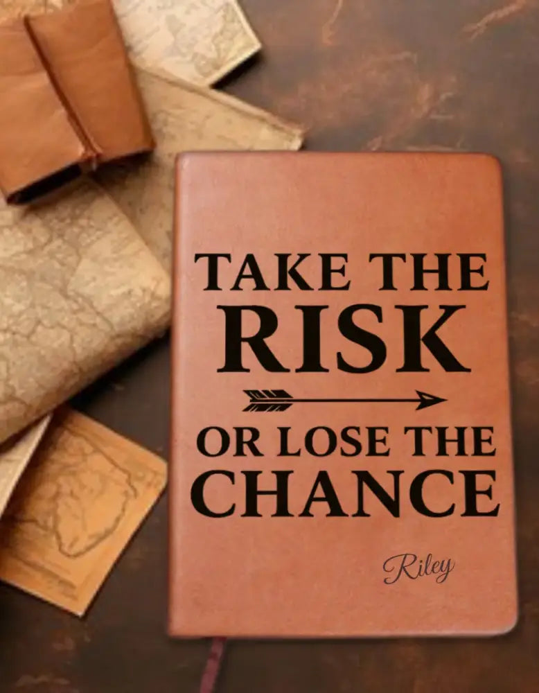 Brown vegan leather risk journal with bold decision quote