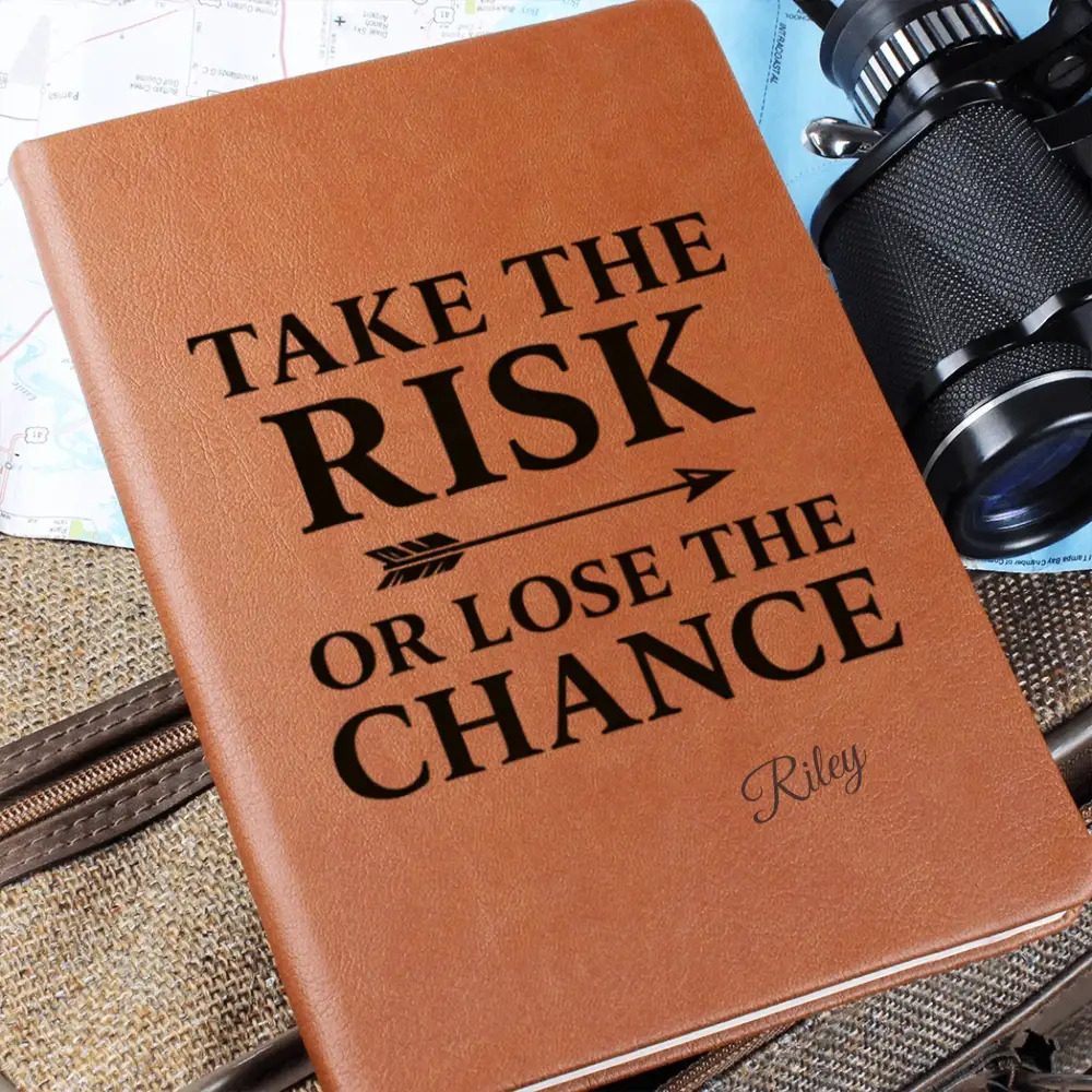 Brown faux leather journal for bold decision and risk journal inspiration in TAKE THE RISK