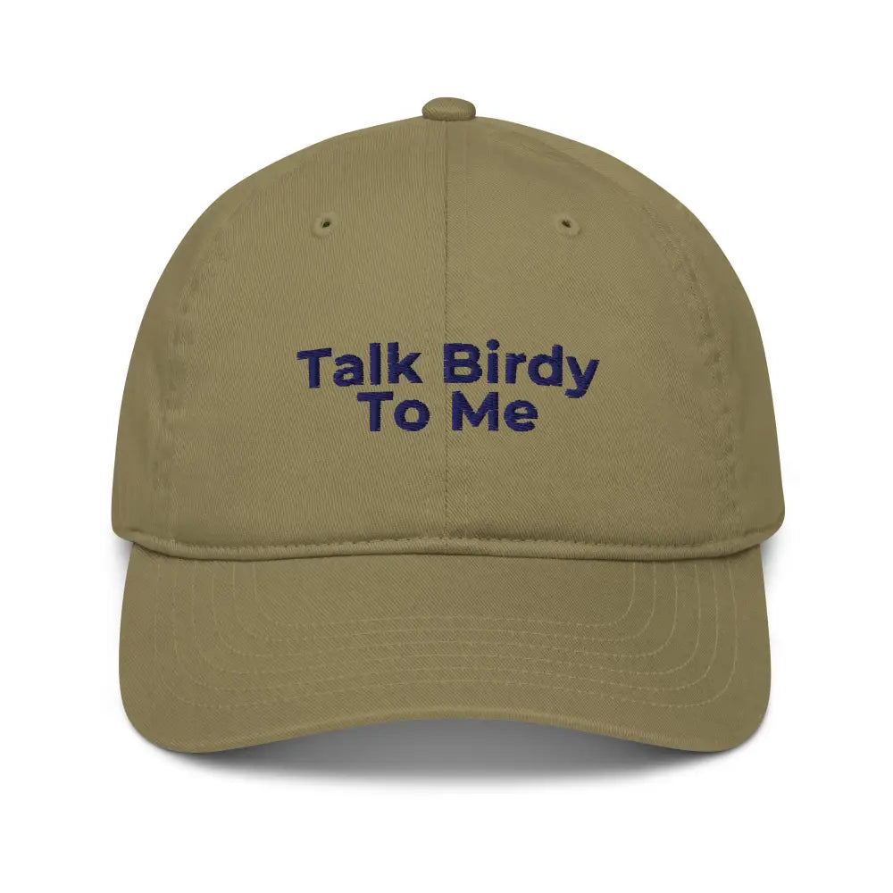 Trini Skies embroidered organic cotton dad hat with Talk Birdy To Me
