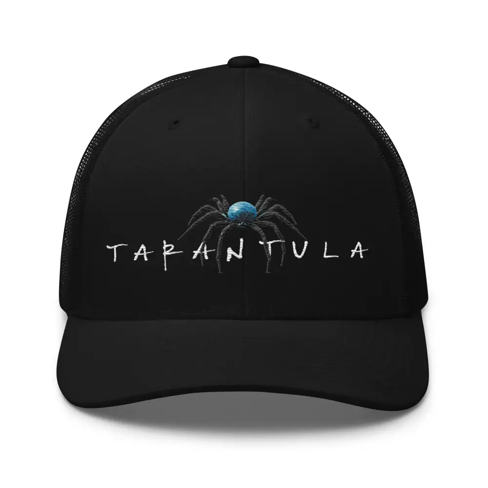 Tarantula embroidered trucker hat with blue spider and TARANTULA text