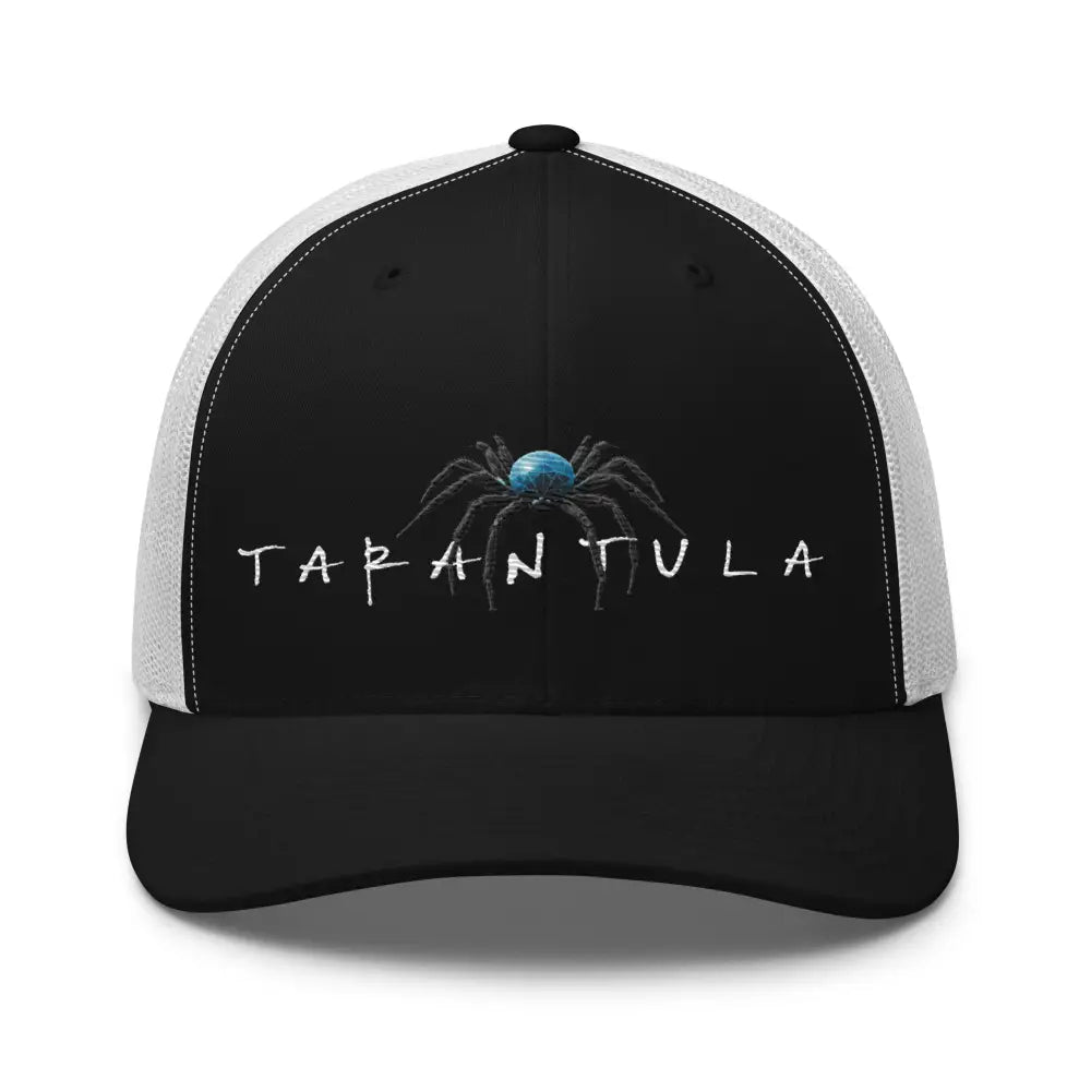 Tarantula embroidered trucker hat with black white mesh and blue spider