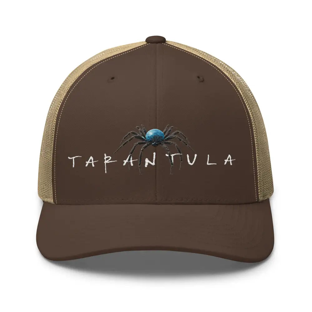 Tarantula embroidered trucker hat in brown tan with blue spider