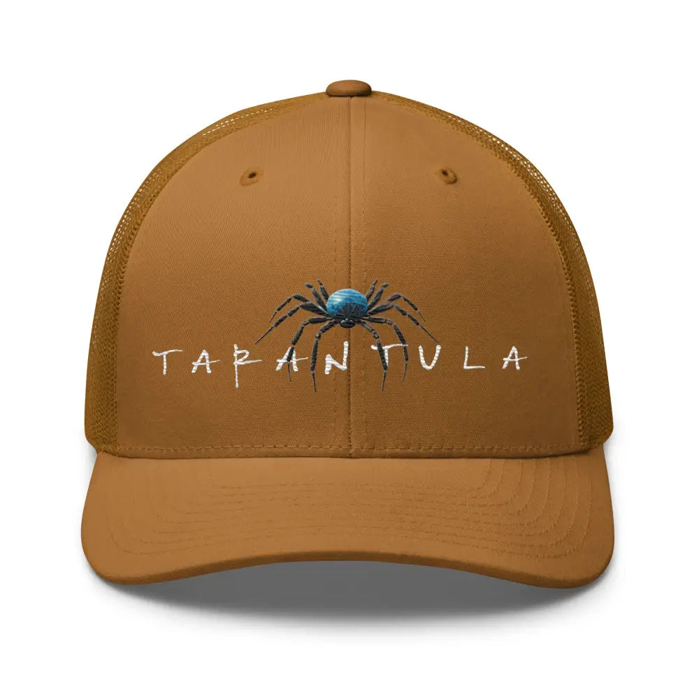 Brown tarantula embroidered trucker hat with spider graphic