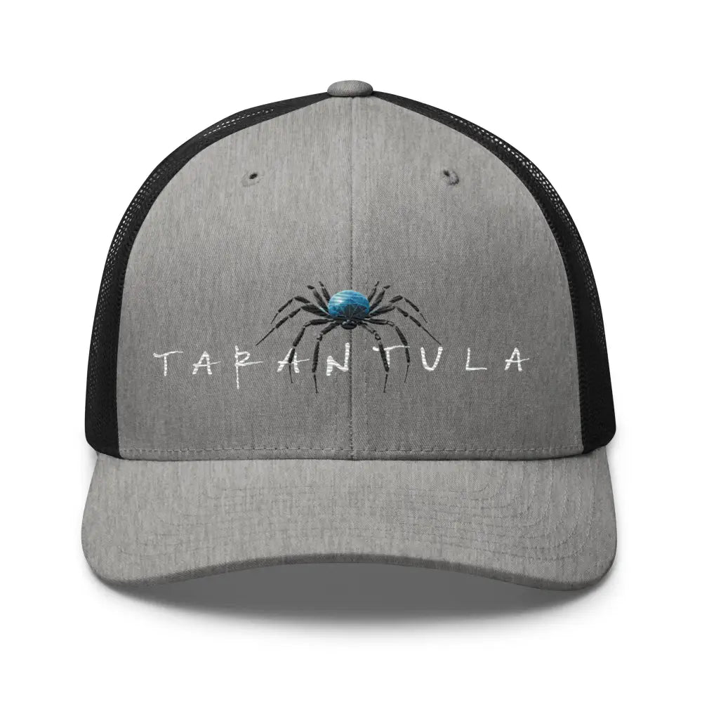 Gray and black tarantula embroidered trucker hat with blue spider design