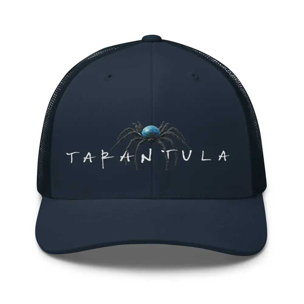 Navy blue tarantula embroidered trucker hat with spider graphic