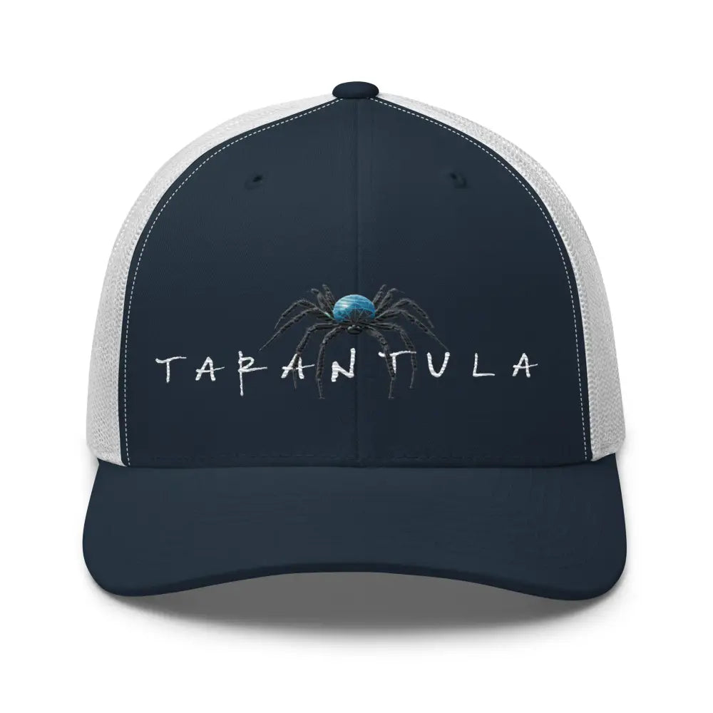 Navy blue and white tarantula embroidered trucker hat with spider graphic