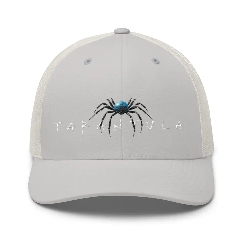 Light gray mesh-back tarantula embroidered trucker hat with spider design