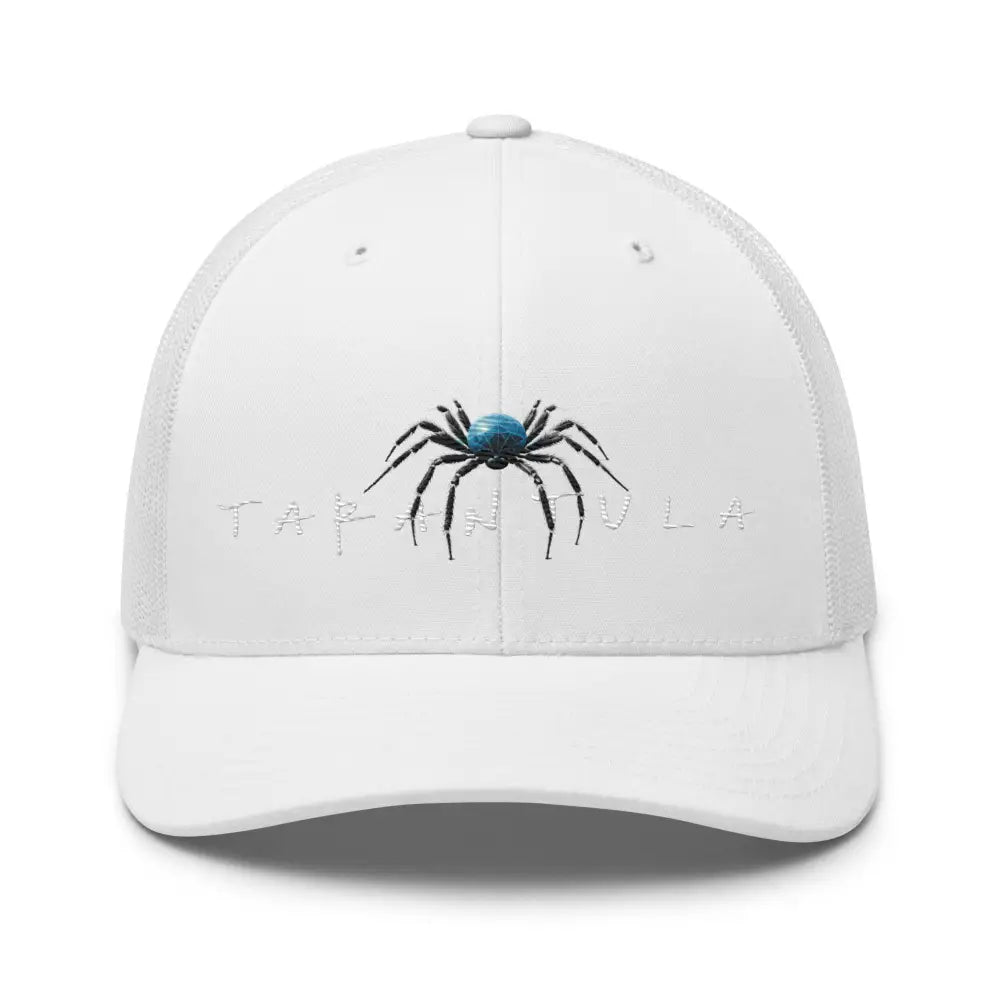Tarantula embroidered trucker hat with white cap and blue black spider design