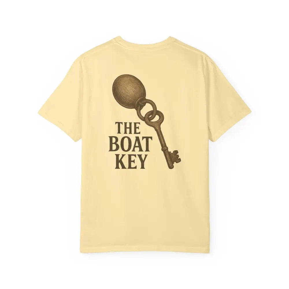 Light yellow Boat Key vintage-style tee with brown key on keyring