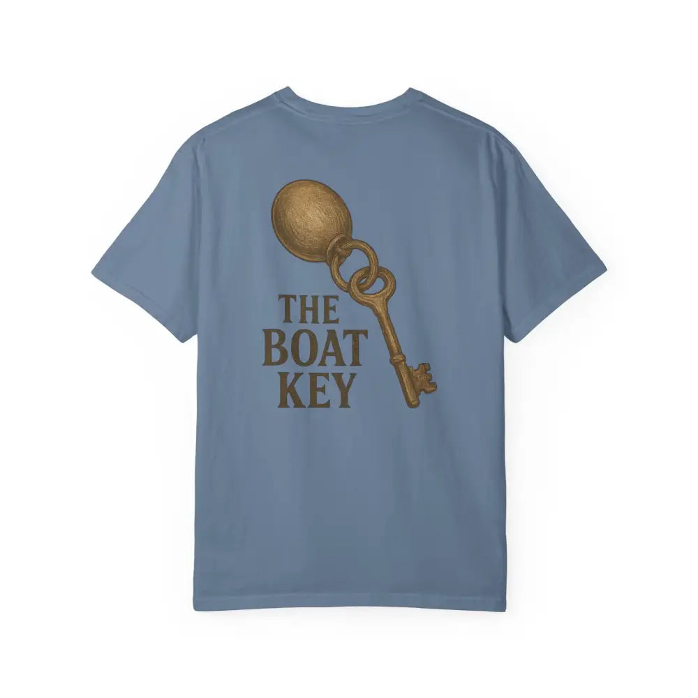 Light blue vintage-style Boat Key tee with brass key graphic