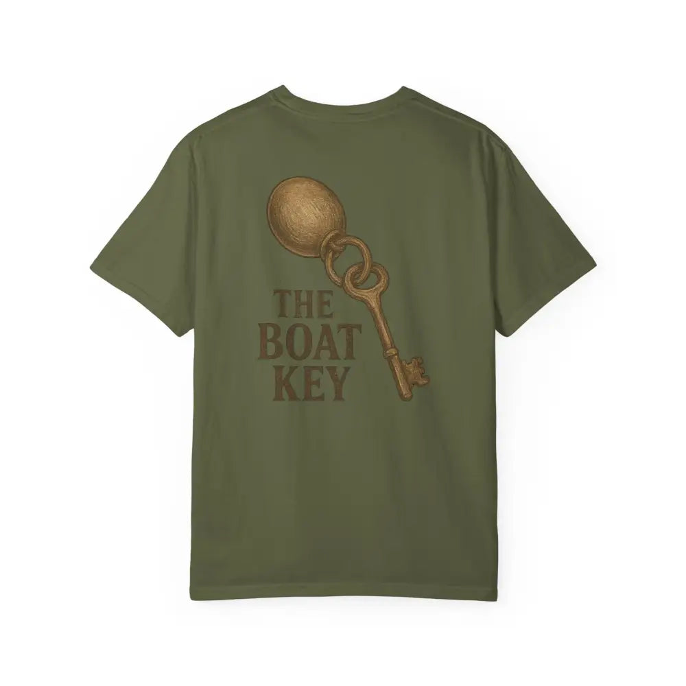 Olive green Boat Key shirt with vintage-style tee graphic