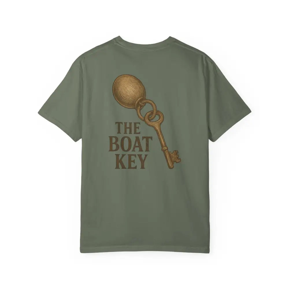 Boat Key vintage-style tee in olive green with graphic print