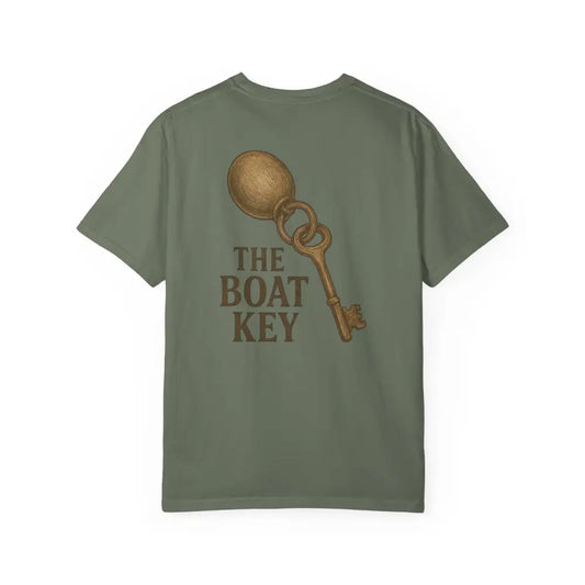 Vintage-style tee built with boat key shirt graphic and muted olive green color