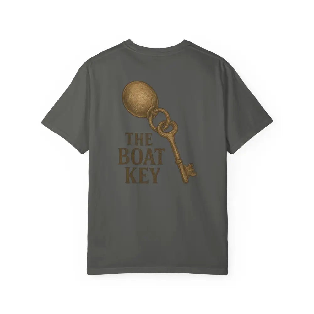 Dark gray Boat Key vintage-style tee with gold key graphic