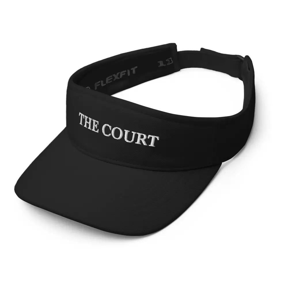 Black Trini Skies court embroidered visor with THE COURT in white