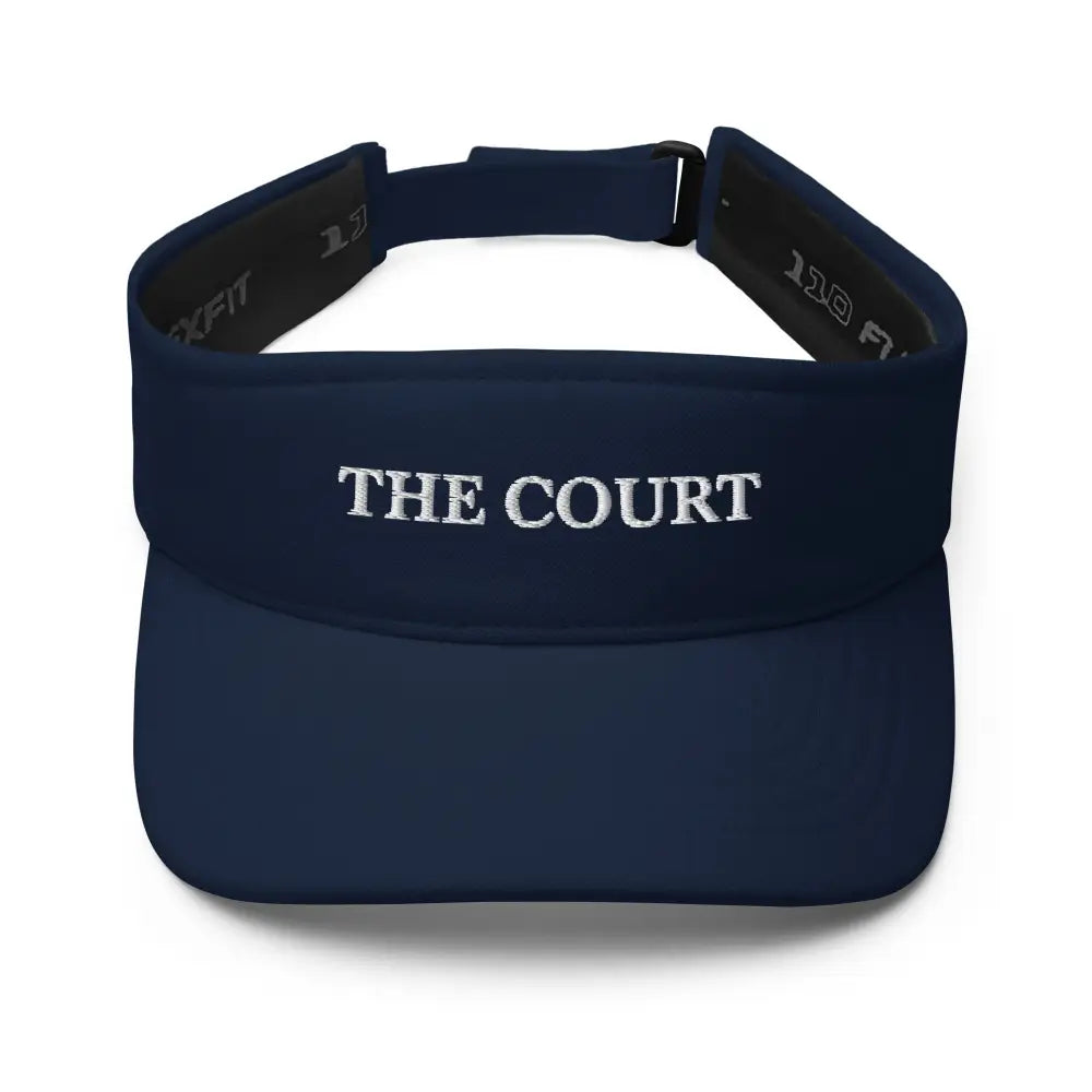 Navy blue Trini Skies court embroidered visor with white text
