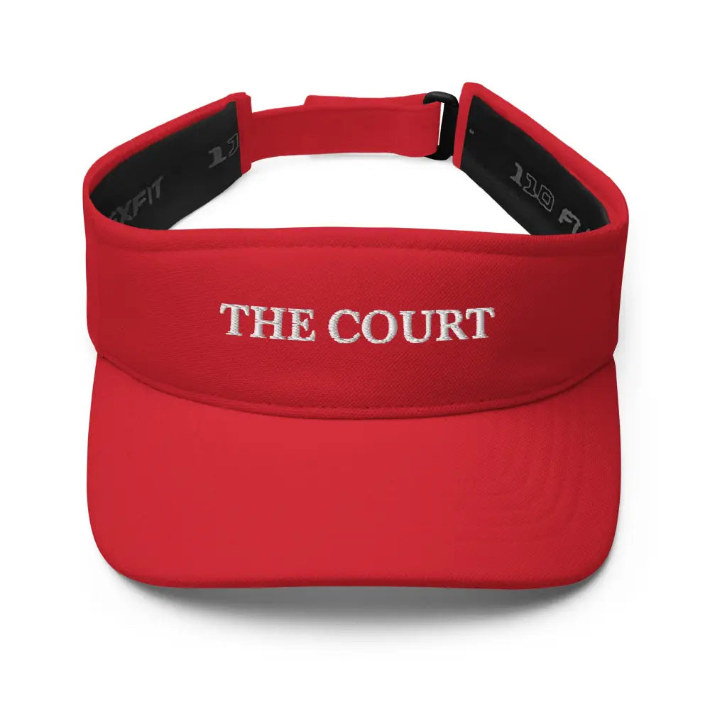 Red Trini Skies court embroidered visor with white text