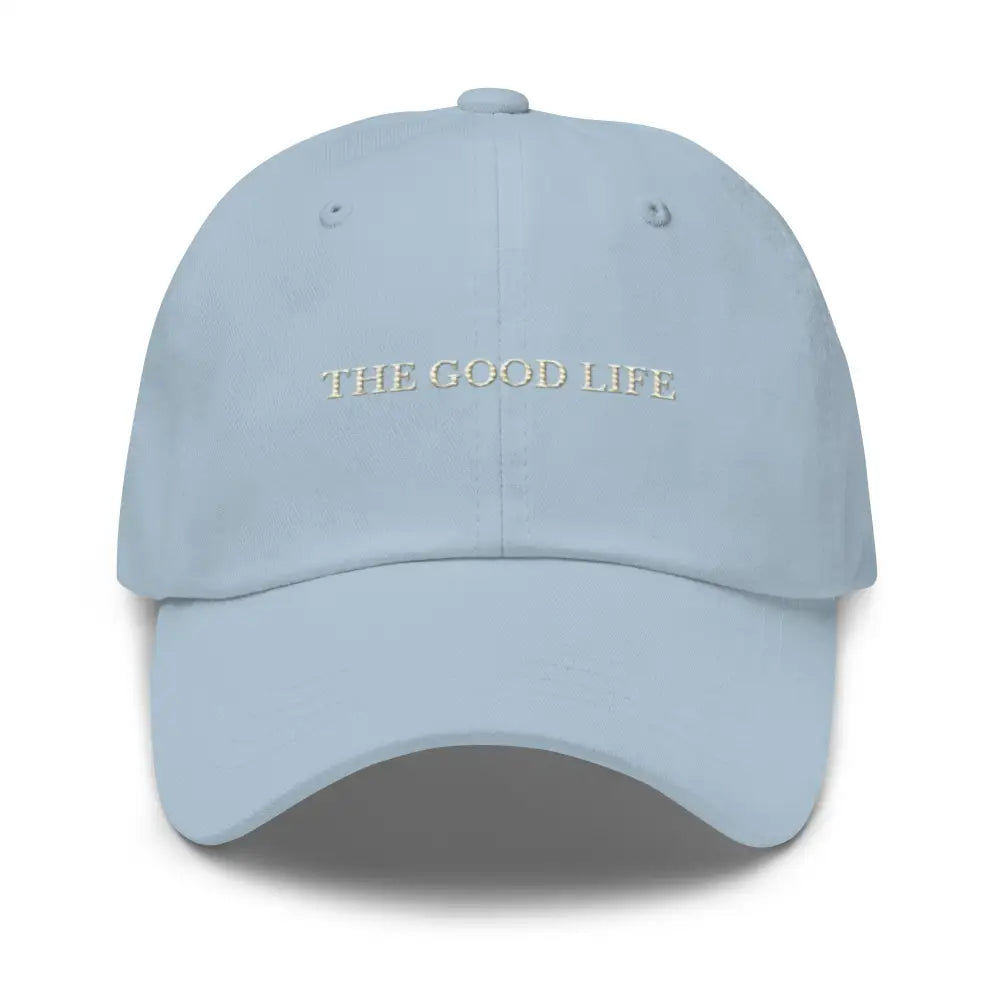 Light blue Trini Skies embroidered dad hat with The Good Life