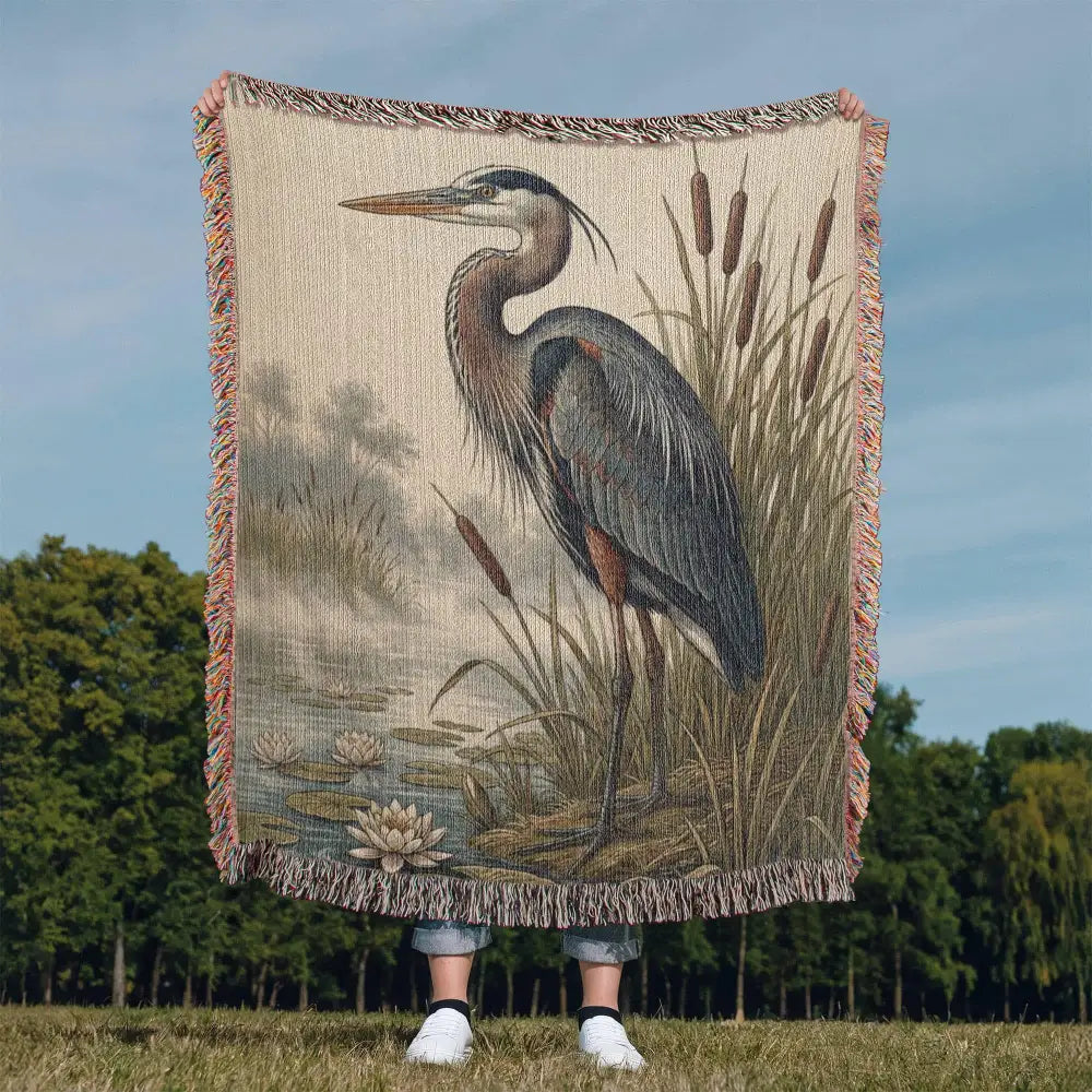Great blue heron woven blanket with custom lake reeds and lilies