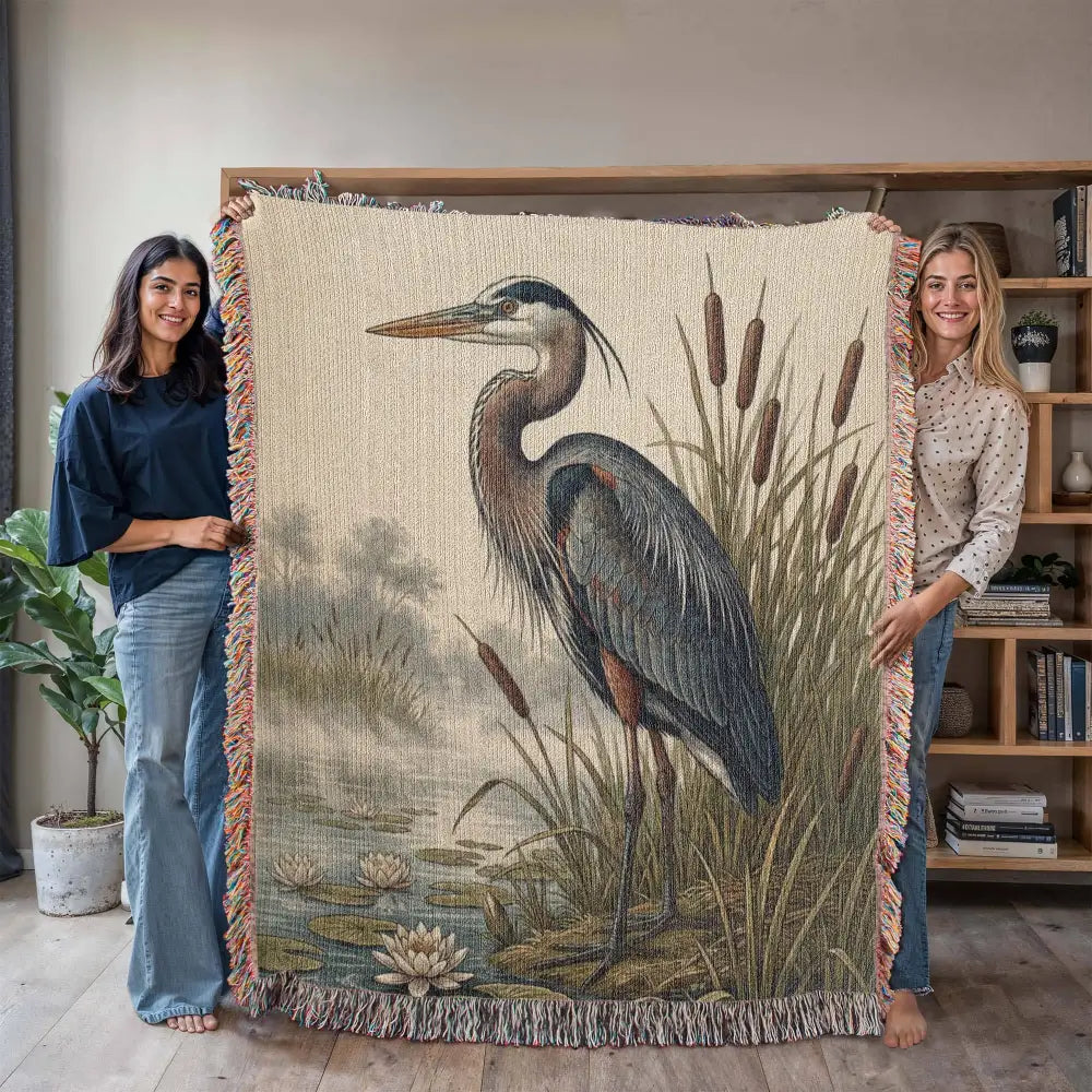 Great blue heron woven blanket tapestry with custom lake reeds and lilies