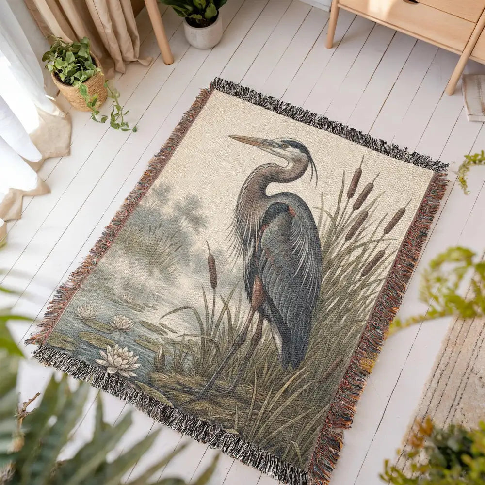 Great blue heron woven blanket tapestry with custom lake reeds design