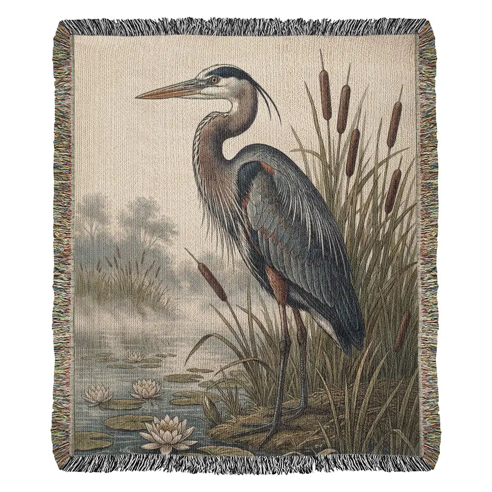 Great blue heron woven blanket tapestry with custom lake reeds and lilies