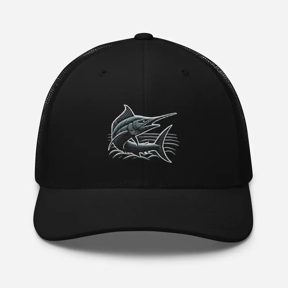 Black marlin truckers hat with embroidered marlin emblem from Great Catch Embroidered collection