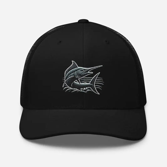 The Great Catch Embroidered Marlin Trucker Cap - Premium Fishing Hat for Anglers - Black - Hats black trucker hat