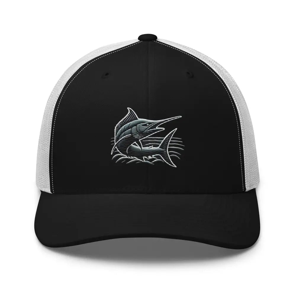 Black and white marlin truckers hat with embroidered marlin design for fishing enthusiasts