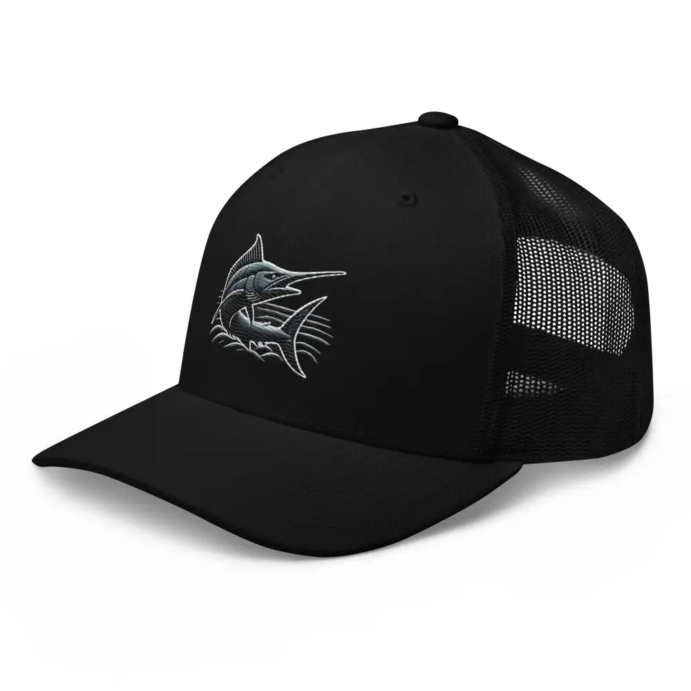Black marlin truckers hat with embroidered marlin design from Great Catch Embroidered collection