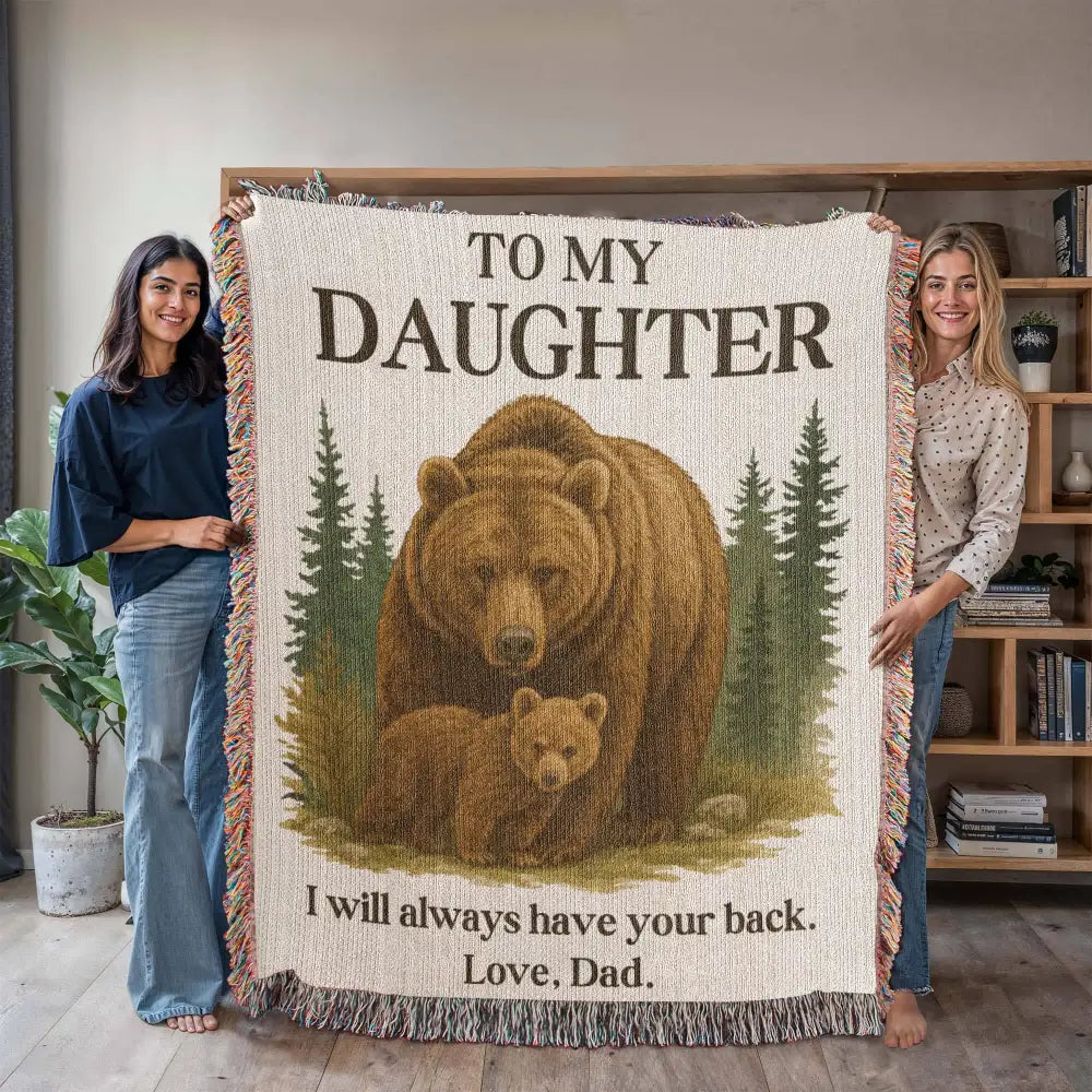 Guardian Bear heirloom woven cotton throw with bear and cub print
