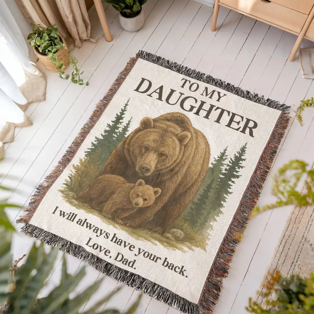 Guardian Bear heirloom woven cotton throw blanket with bear and cub design
