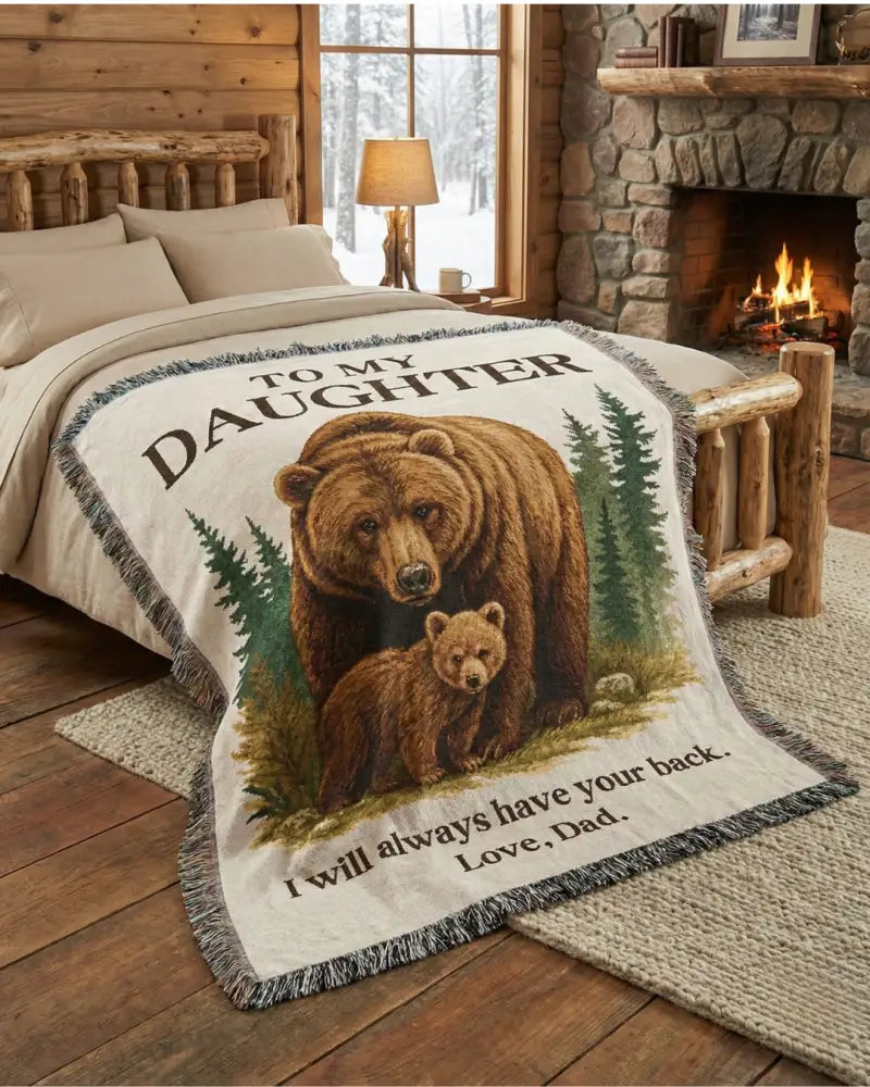 Guardian Bear heirloom woven cotton throw blanket with bears and to my daughter text