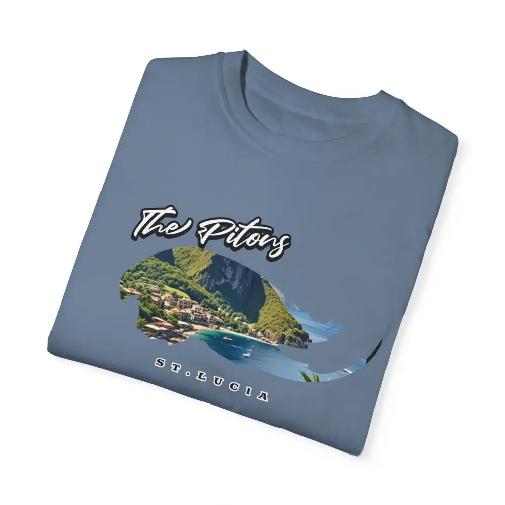 Flat-folded St. Lucia t-shirt with Pitons scenic graphic