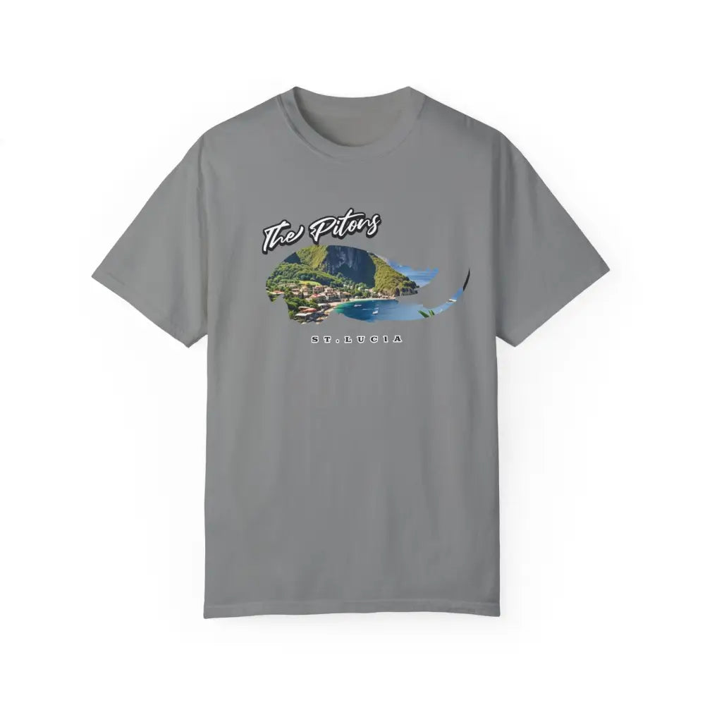 Grey St. Lucia Pitons Caribbean travel graphic tee showcasing scenic island design