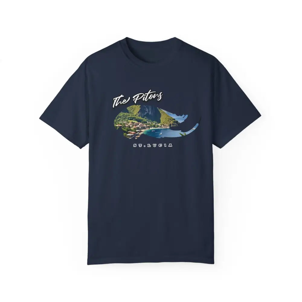St. Lucia Pitons graphic on dark blue crew-neck t-shirt