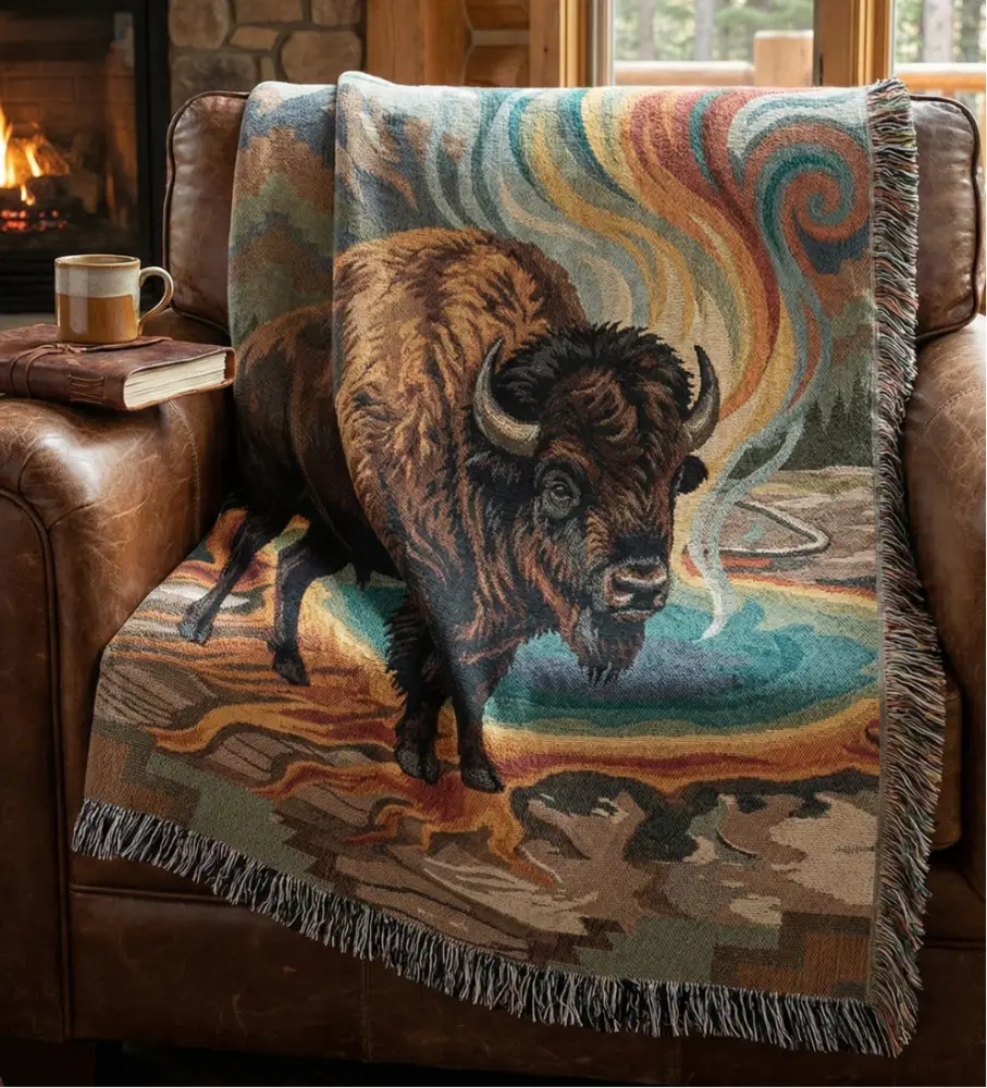Prism Bison woven tapestry throw with Yellowstone National Park design