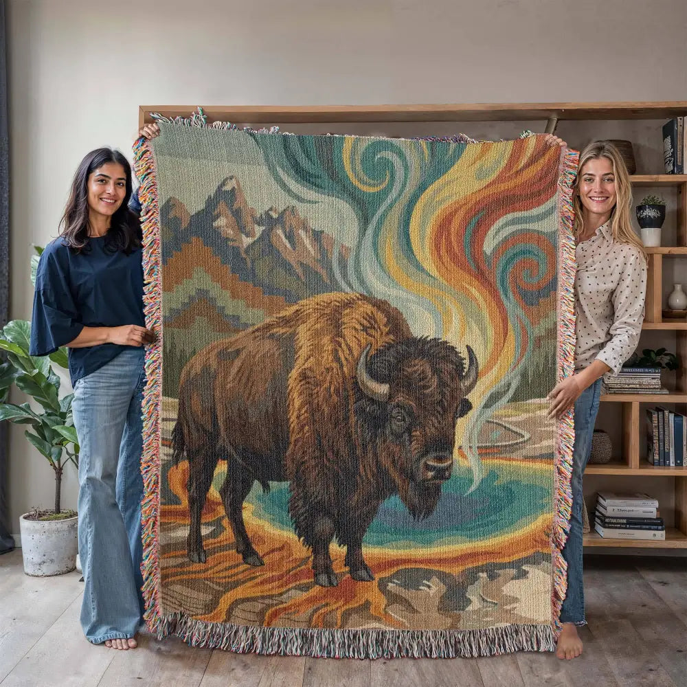 Prism Bison woven tapestry throw with Yellowstone National Park mountains
