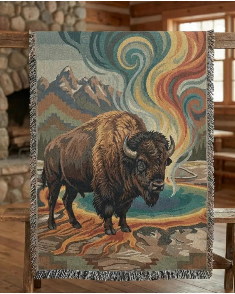 Prism Bison woven tapestry throw with Yellowstone National Park psychedelic design
