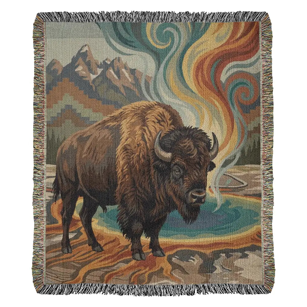 Prism bison woven tapestry throw of Yellowstone national park scene