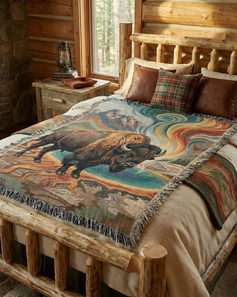 Prism bison woven tapestry throw with Yellowstone national park design