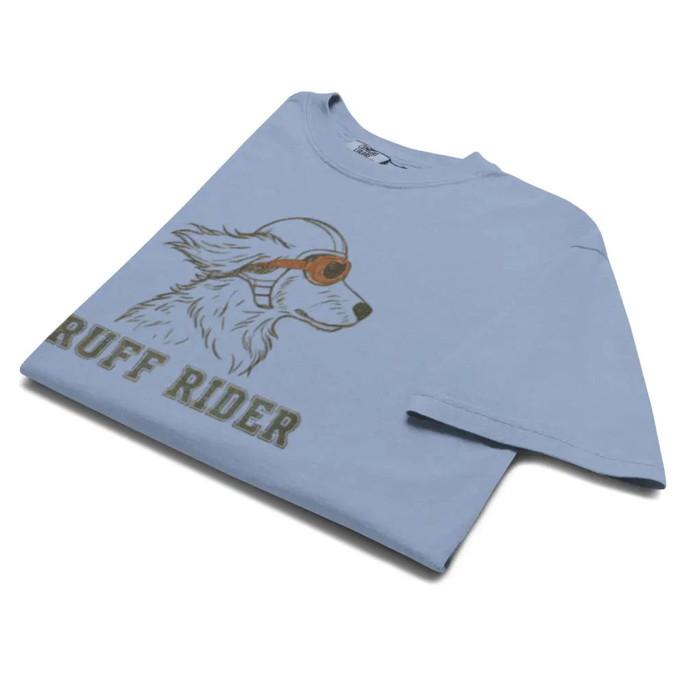 Light blue Dachshund tee with ruff rider dog graphic, short attention span doxie