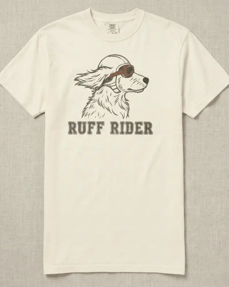 Cream-colored cotton dachshund tee with goggled dog and Ruff Rider text