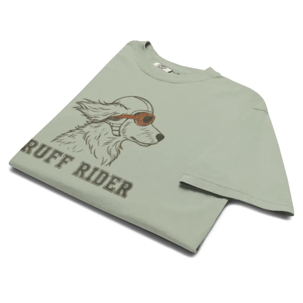 Olive green Ruff Rider Dachshund tee with long dog graphic, short attention span